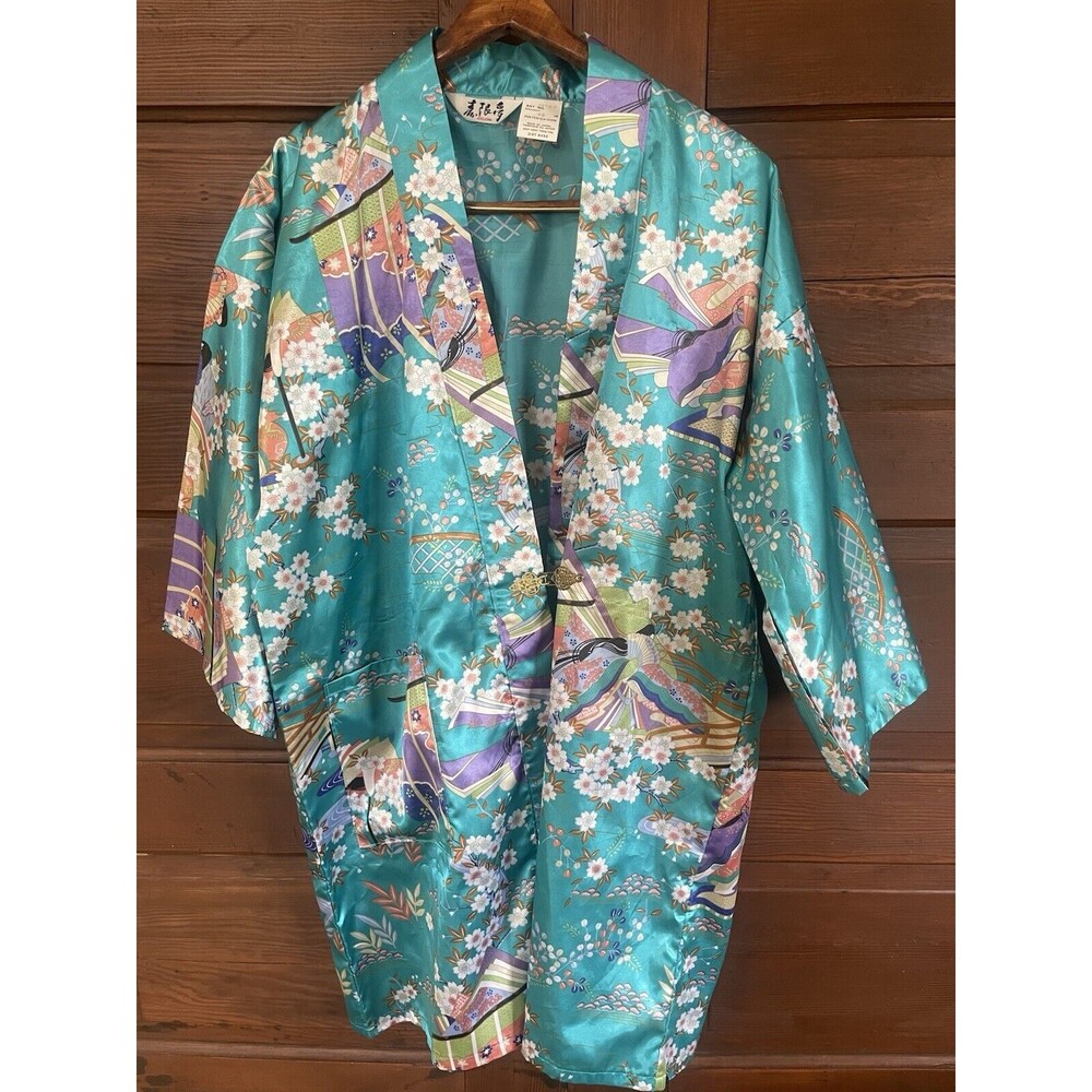 VTG Juguemm Japanese Kimono Teal Floral Lady Robe 35" Japan Art OS Metal Closure